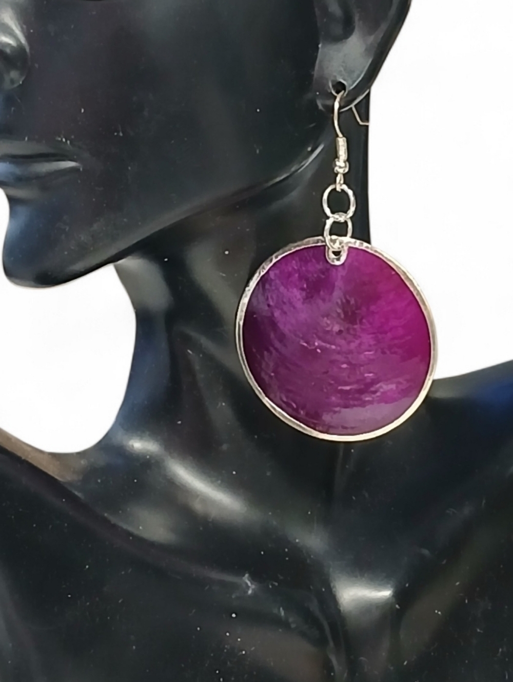 E3093 Purple Shell Disc Drop Earrings with Silver Frame